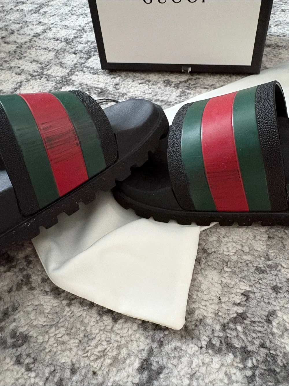 Gucci Black Slides with Green and Red Web Stripe